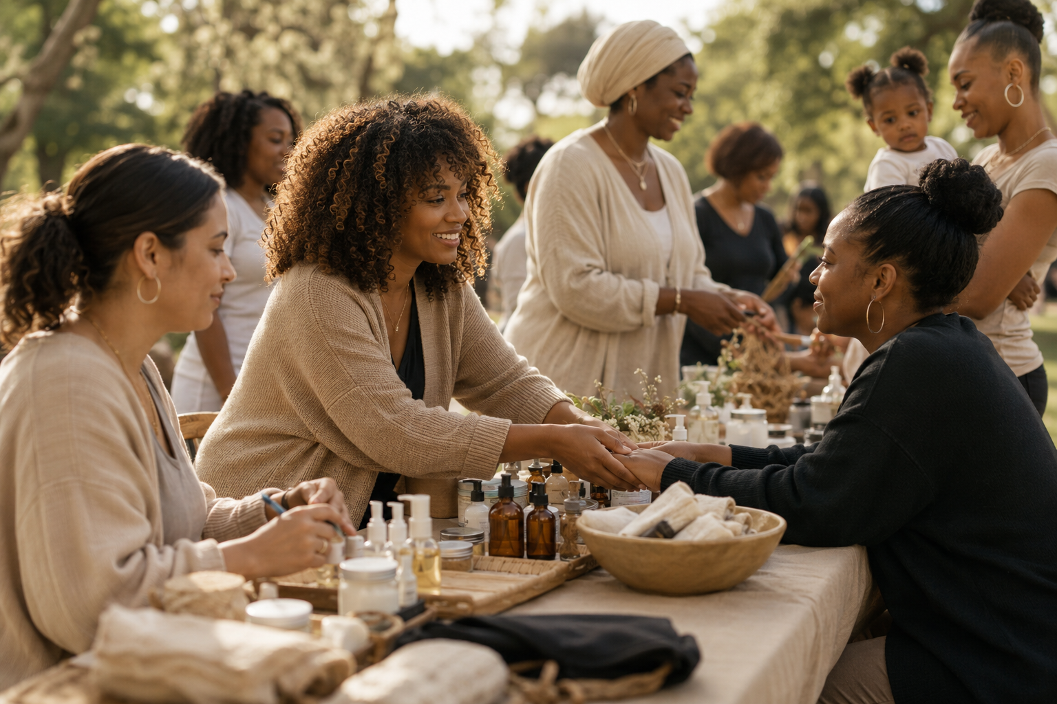 Community gathering at a park table